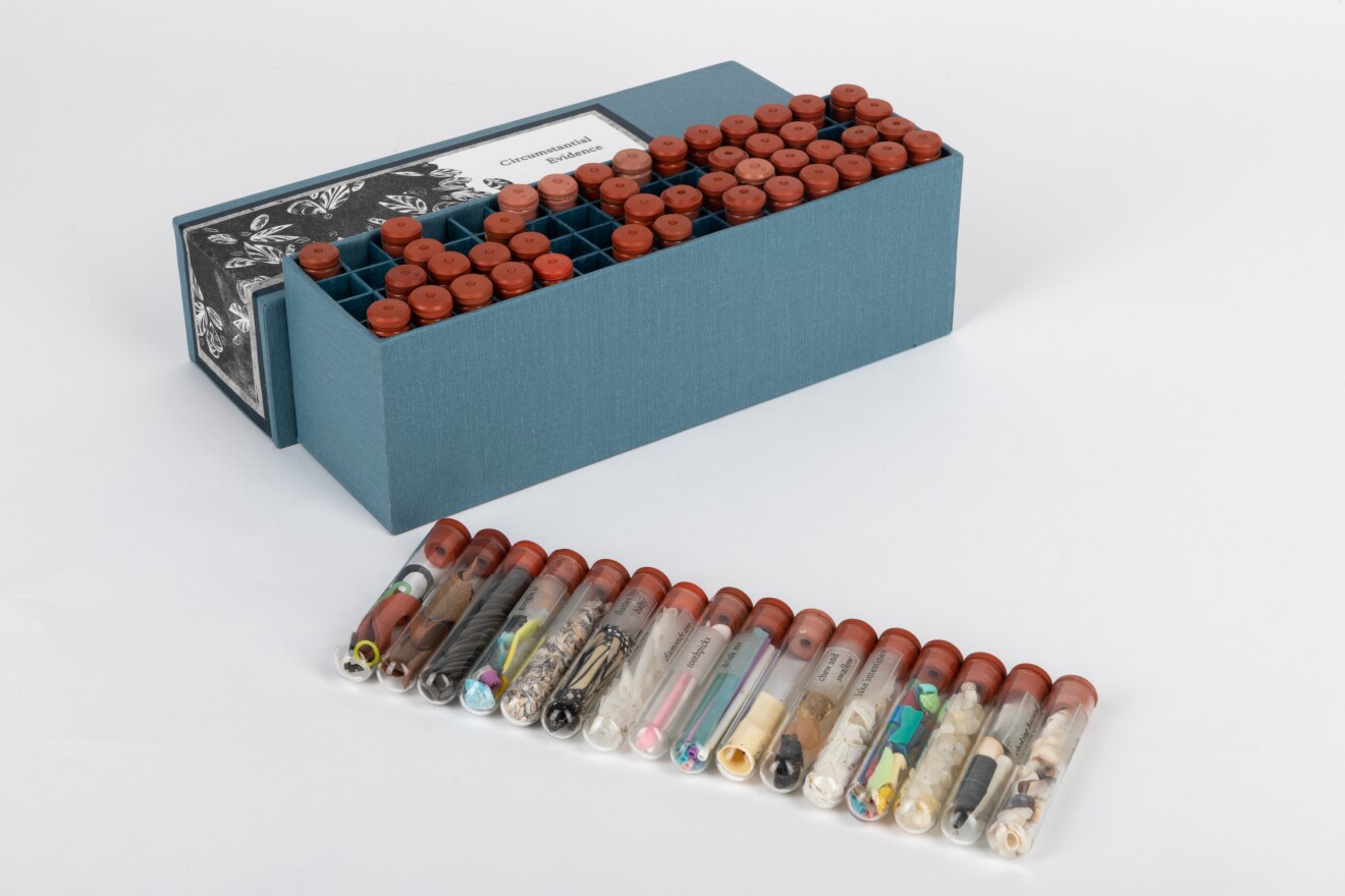 Some artist's books look like actual books, others might be a mason jar, a suitcase, or in artist Geo Rutherford's case, a box of vials filled with Great Lakes beach debris.